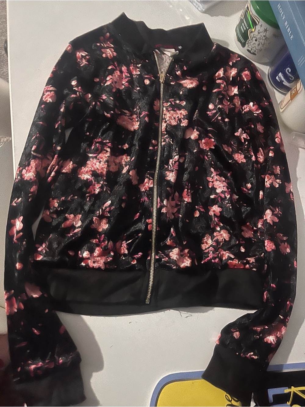 Girls' Black Floral Bomber Jacket with Pink Print - Brand Unknown